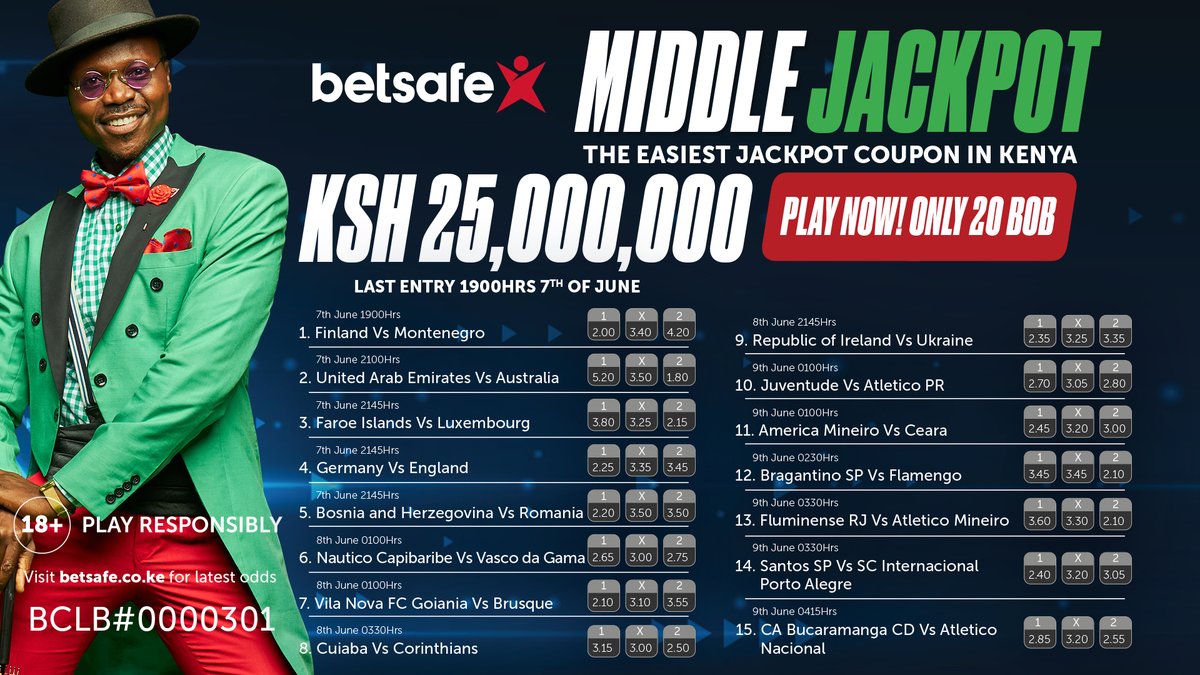 Betsafe_KE's tweet photo. Jipange na Middle Jackpot ya Ksh.25M na 20bob tu! 

Cheza Middle Jackpot usmile ukienda bankiko.

Bonuses to be won for 0,12,13 &amp; 14 correct predictions. 

Play here: https://t.co/dmqyf4vxFW

#Betsafe #MiddleJackpot #BetSwafi https://t.co/bOpzLdJUCr