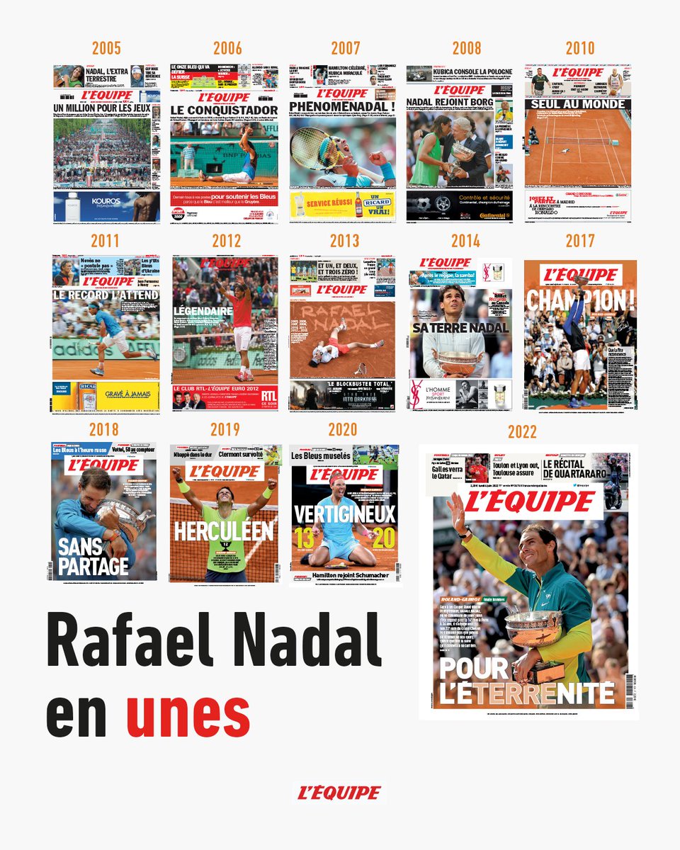 🗞 Rafael Nadal en unes du journal L'Équipe après ses 14 titres à Roland-Garros 👇