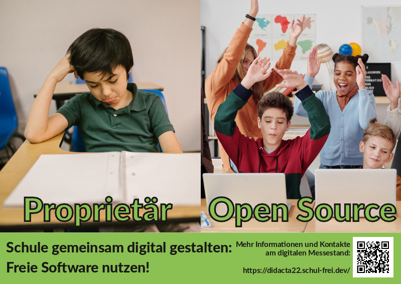 Freie Bildung braucht Freie Software – Nachhaltig und gemeinsam geht es nur mit Open Source!

📆 Besucht uns vom 7. bis 11. Juni auf der didacta in Köln

⛳️ Halle 6.1, Stand 122

Wir freuen uns auf Diskussion und Beratung! #twlz #twitterlehrerzimmer

didacta22.schul-frei.dev