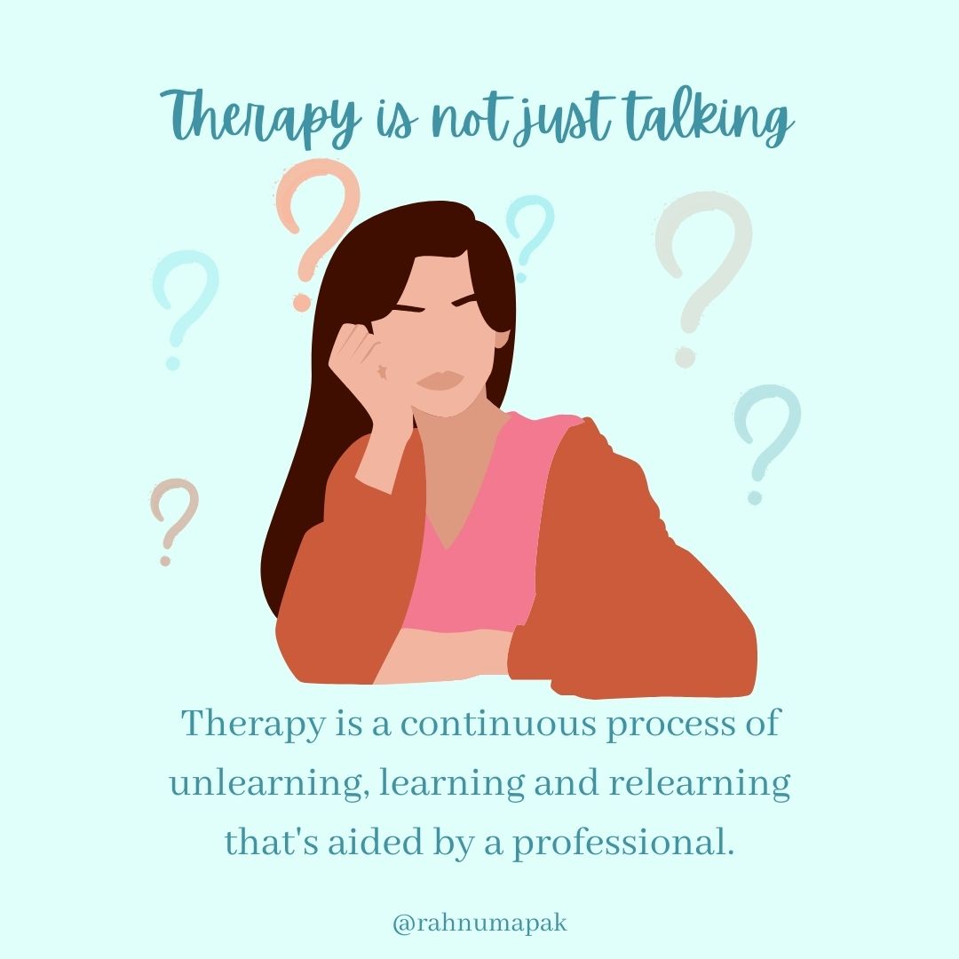 rahnumapak's tweet photo. Talking and sharing your experiences is a big part of therapy, however, that's not all there is to it.
Therapy is a continuous process of unlearning, learning aided by a professional therapist.
#rahnumapak #findyourpath #pakistanitherapist #TherapyTuesday #pakistanitherapist https://t.co/lJDo9HqFlX