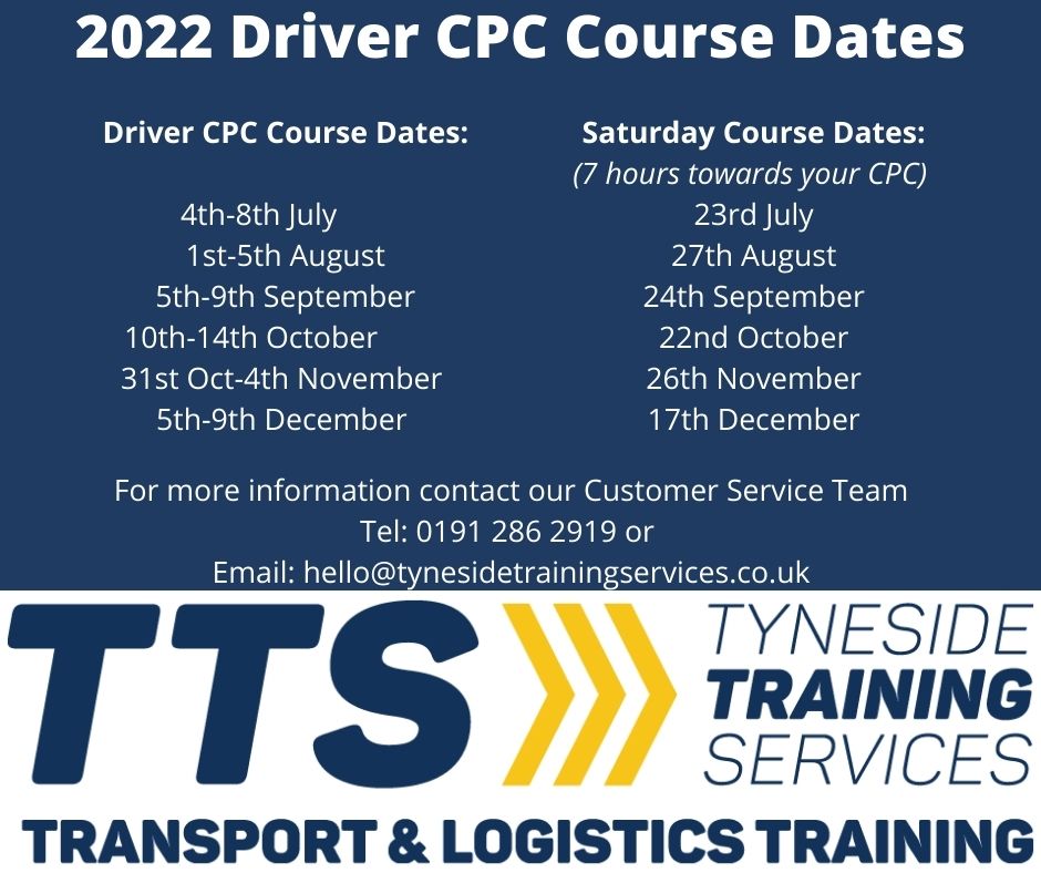 𝟮𝟬𝟮𝟮 𝗗𝗿𝗶𝘃𝗲𝗿 𝗖𝗣𝗖 𝗖𝗼𝘂𝗿𝘀𝗲 𝗗𝗮𝘁𝗲𝘀
To book contact our Customer Service Team on 0191 286 2919 or email: hello@tynesidetrainingservices.co.uk  
#cpc #dcpc #adr #driver #training #logistics #transport