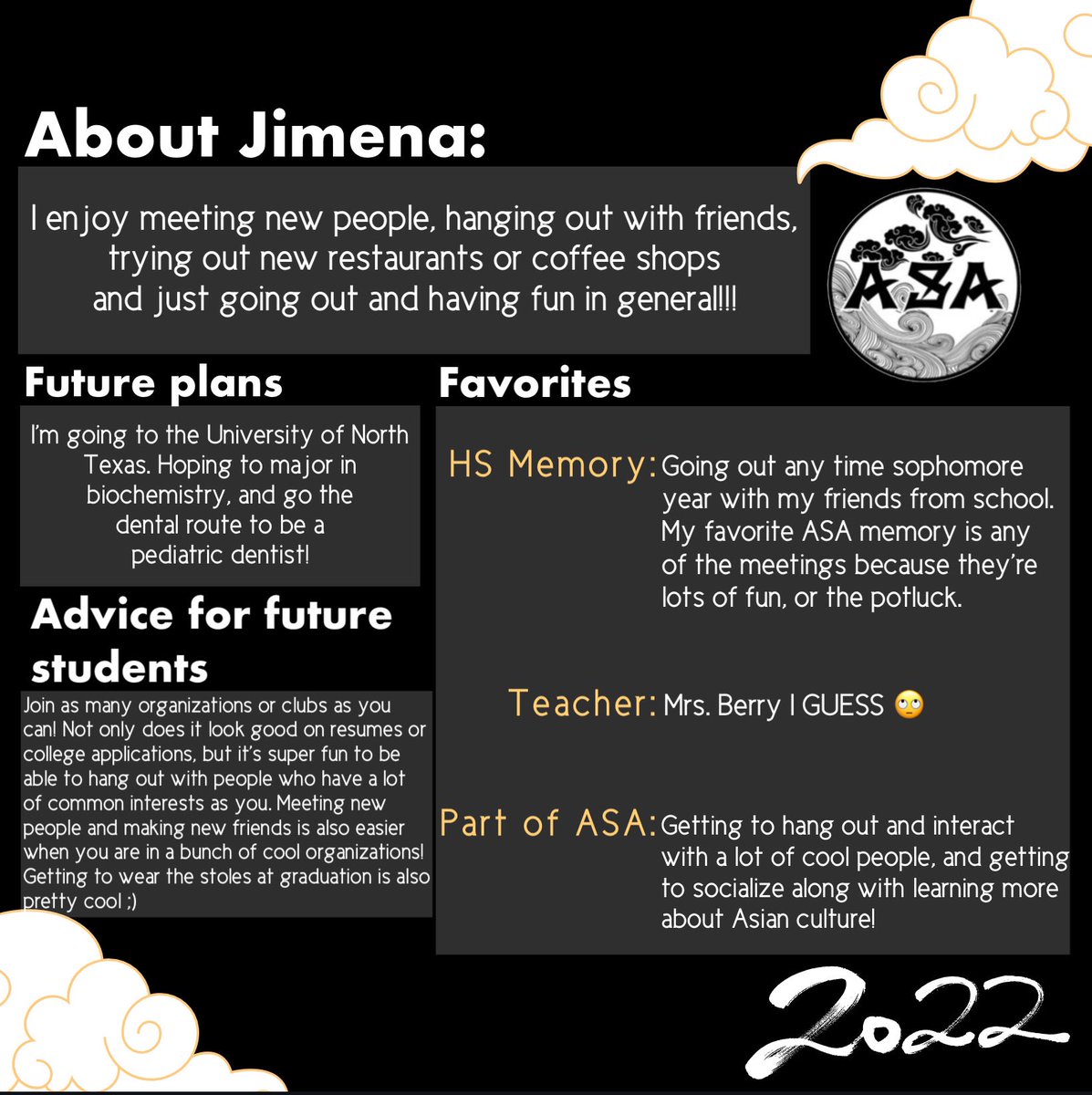LCHS_AsianSA's tweet photo. Shining the Spotlight on our member, Jimena Renteria! 

Thank you for all of your support this year! Swipe to read more about her :) #lcasa2022 https://t.co/twTVPUfUvr