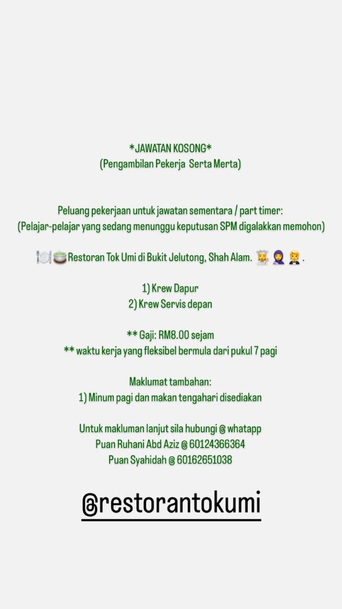 CrabXmen's tweet photo. Anyone looking for a part time job at bukit jelutong. Do contact as per details below. Thank you #bukitjelutong #shahalam #maukerja #parttimejobs https://t.co/pLmTOa6dIm