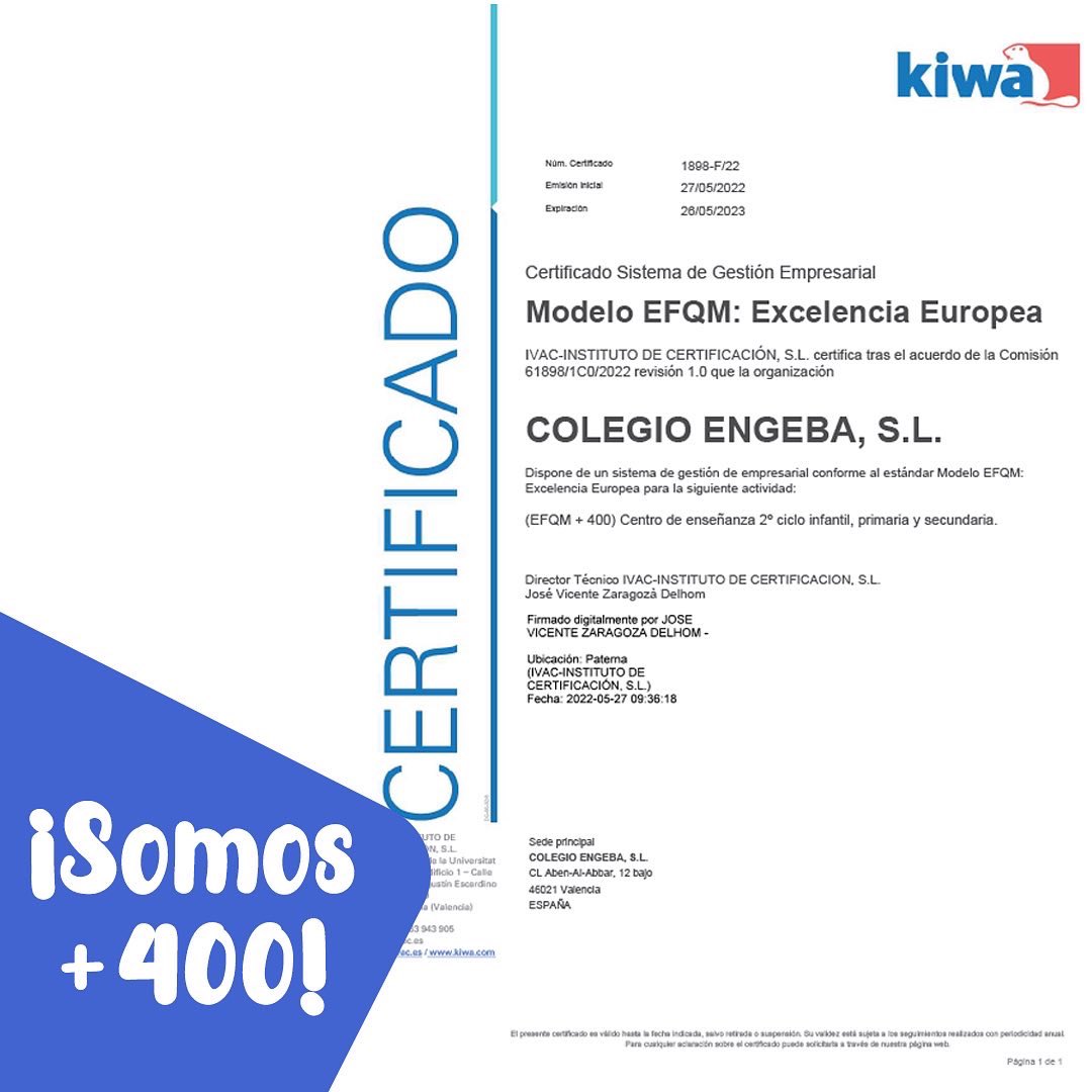 ColegioEngeba's tweet photo. ¡Alcanzamos el EFQM +400: Excelencia Europea! Un distintivo de calidad otorgado por IVAC-INSTITUTO DE CERTIFICACIÓN (MEMBER OF GROUP KIWA), una “MARCA DE ENTIDAD CERTIFICADA” de entidades con un sistema de gestión de calidad de acuerdo a normas nacionales e internacionales. https://t.co/81GQUPgo58