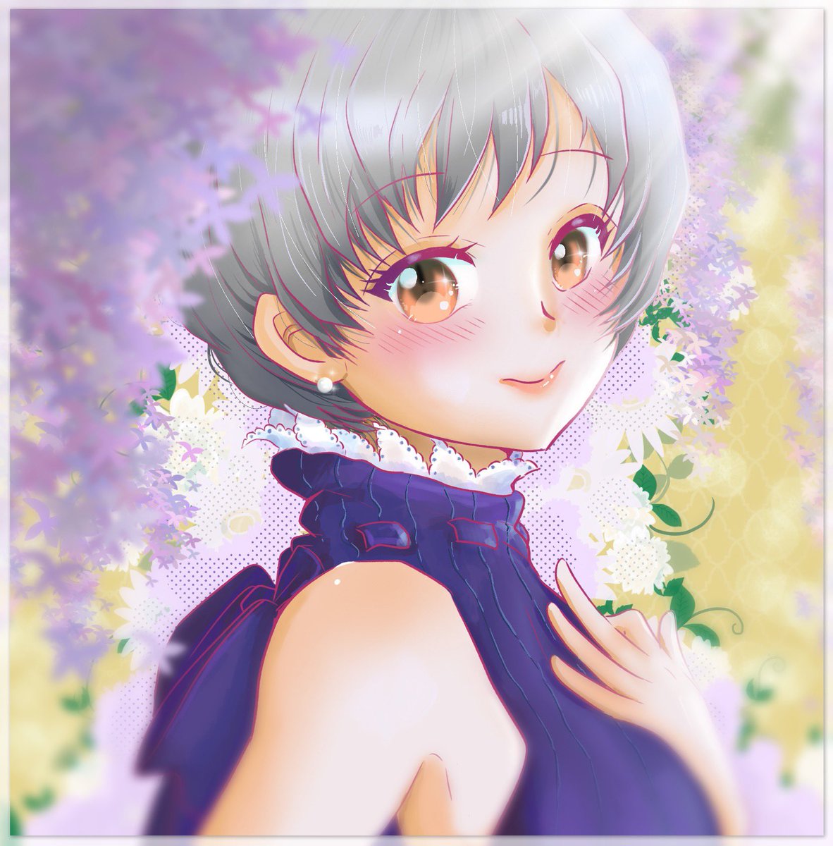 1girl solo jewelry earrings grey hair brown eyes short hair  illustration images