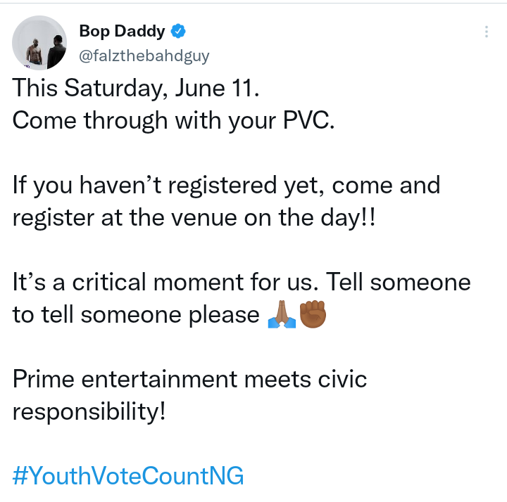 supremevibez_ng's tweet photo. @Falzthebahdguy to hold a free concert on the 11th of June. Urges people to come with their voter's card and also create avenues for those who are yet to register their PVC.
#falz promoteS political awareness among Nigerian youths. https://t.co/lcTscYIXuH
