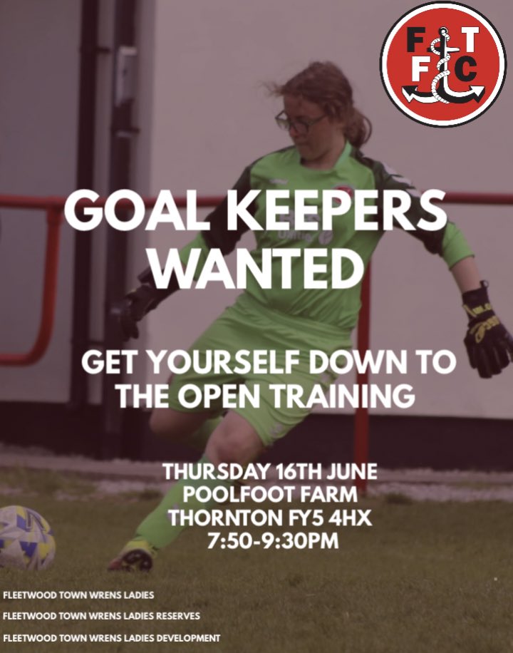 GOALKEEPERS WANTED🧤⚽️

With players moving off to University &amp; injuries we have fantastic opportunities open for you to come &amp; join the <a href="/ftfc/">Fleetwood Town Football Club</a> Ladies set up👊

👉Goal keeper specific training provided
👉Fantastic facilities 
👉Amazing opportunities

DM us now👊

#OnwardTogether