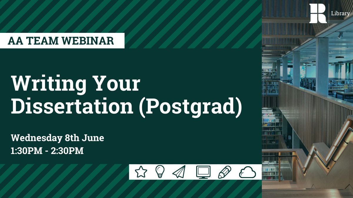 Calling all Postgraduates! 

Find out everything you need to know about writing your dissertation at our AA team webinar. 
Wed 8 June, 1.30pm-2.30pm

Don't miss out, book now: tinyurl.com/Dissowebinar
