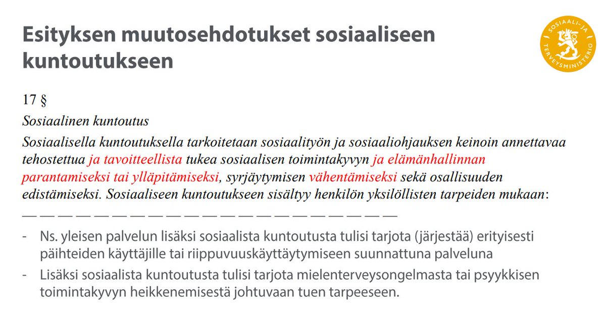 Mielenterv. ja päihdelainsäädännön lakiehdotuksessa painotetaan tavoitteellisuutta ja elämänhallinnan parantamista, kohderyhmänä erityisesti päihteiden käyttäjät, riippuvuuksista ja mielenterveyden ongelmista kärsivät kertoo Virva Juurikkala STM #sosiaalinenkuntoutus #sosiaalityö