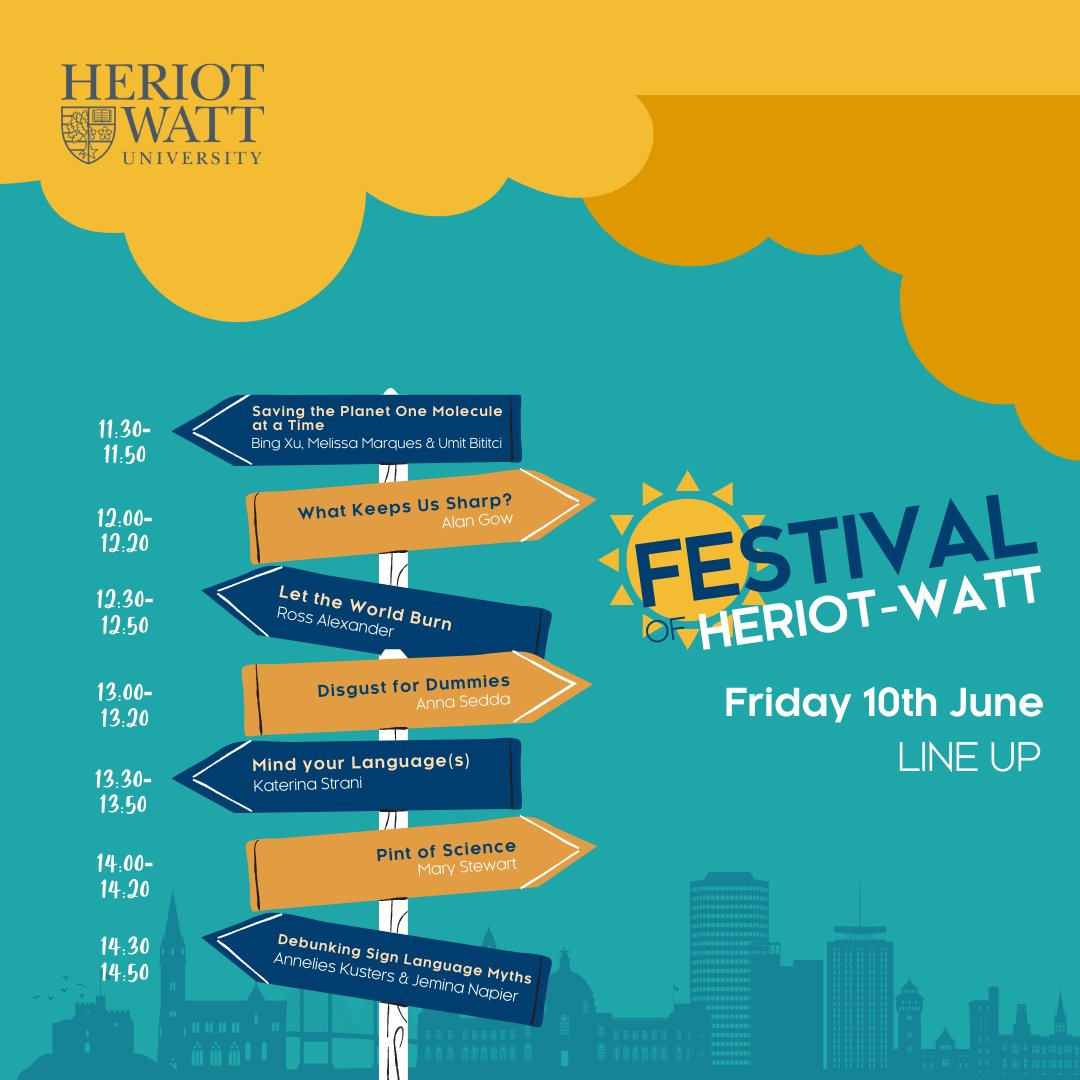 The line-up is out…🥁 We are delighted to announce our main stage line-up at the first-ever Festival of Heriot-Watt! Prepare to have your eyes opened as you indulge in a whole new learning experience. No need to book just turn up on the 10th of June and enjoy. #HeriotWattUni