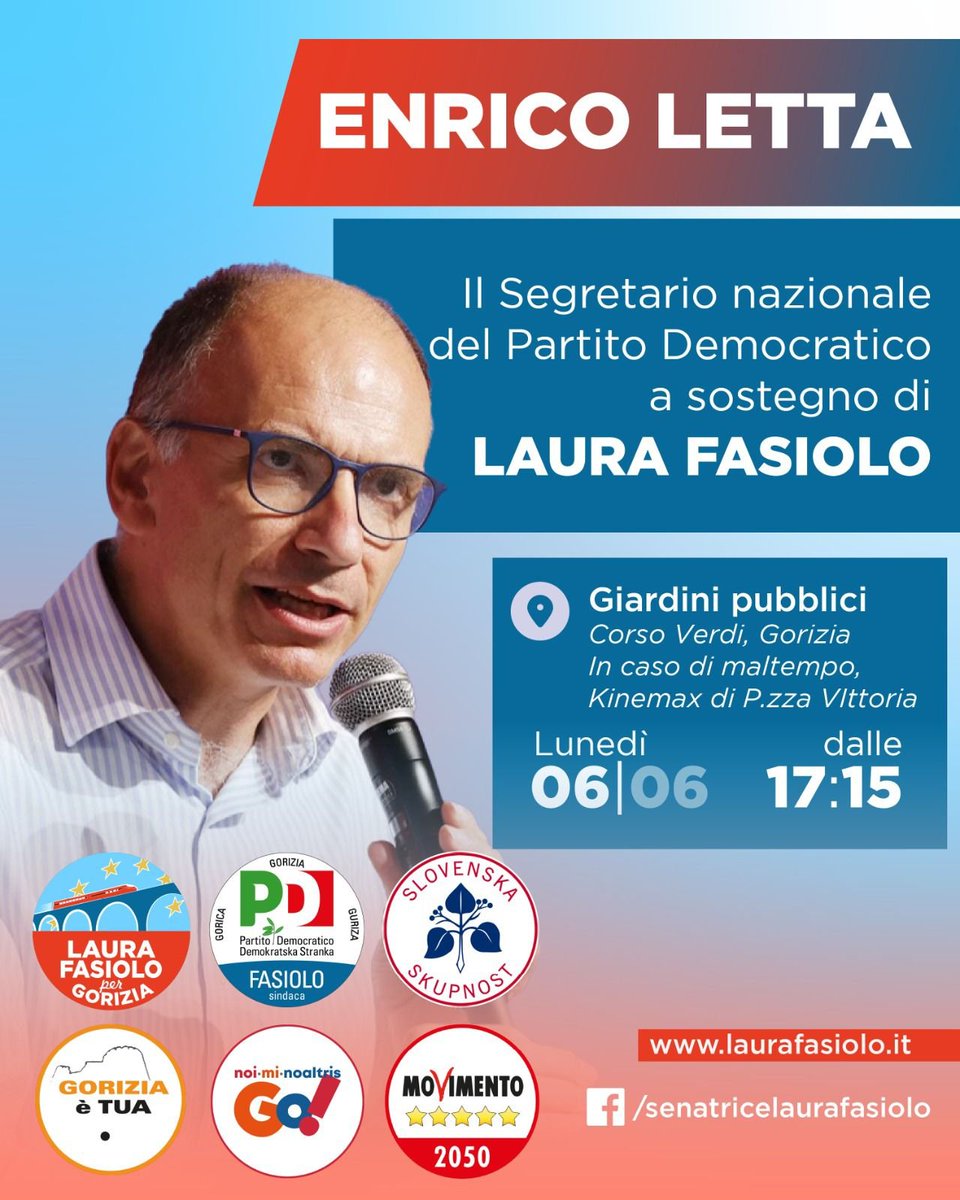 EnricoLetta's tweet photo. Ultima settimana di campagna elettorale per le #amministrative2022. Oggi verso il Friuli Venezia Giulia e il Veneto per sostenere i nostri candidati: @fasiolo_laura a #Gorizia e #GiuseppeVignato a #Belluno.  #LauraFasioloSindaca e #VignatoSindaco sono le scelte migliori. https://t.co/tUcU2UFKXY