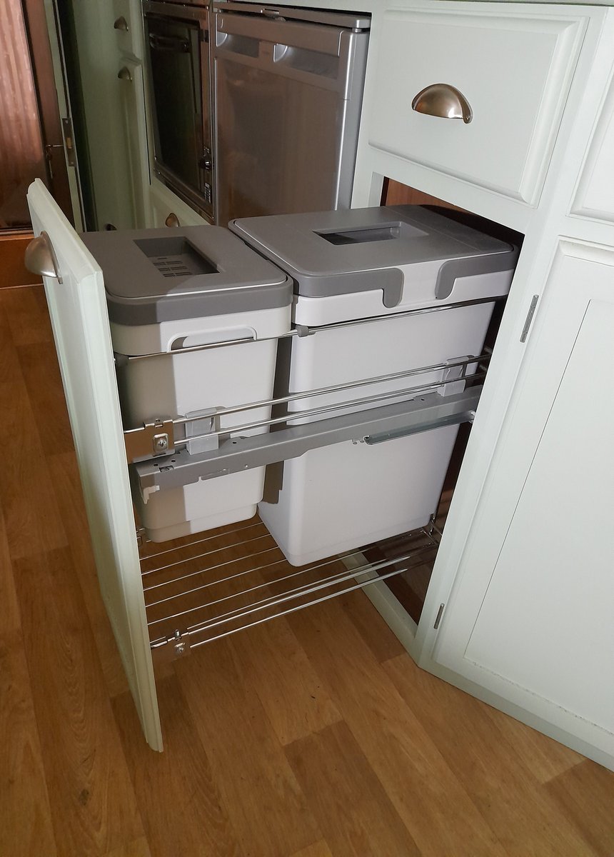 All caravans are fitted with a concealed pull out waste and recycling bin. These are great for saving floor space and retaining a neat and tidy appearance. 

#MadeInBritain #heritagecaravans #caravans #touringcaravans #UKmfg #vintage