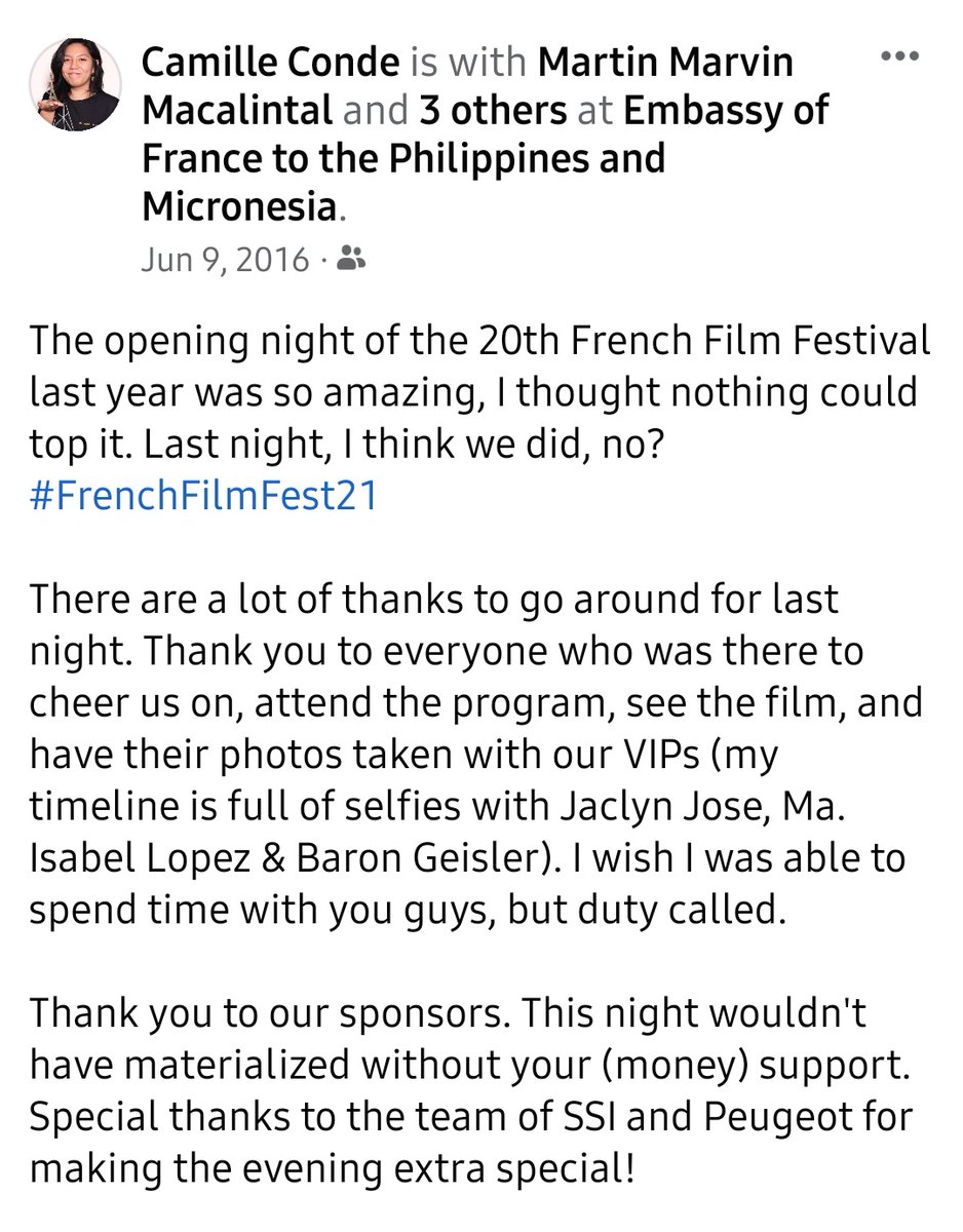 Cam_Conde's tweet photo. A timely throwback: June is usually French Film Festival season. The stress and the thrill of organizing it always led to strong post-event feels. These were some great memories, especially with #TeamFFF. 🥲 https://t.co/ClYLT15mNc