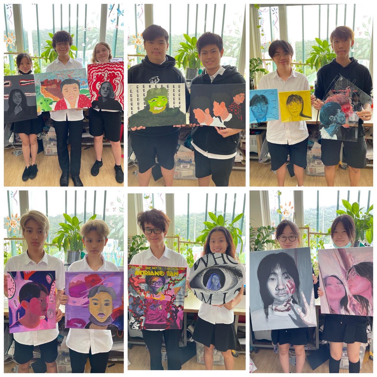 dcampre's tweet photo. Our last unit challenged students to create a self-portrait painting around a personal narrative. Such an impressive showcase of talent and creativity! 🎨 #selfportrait #paintings #highschoolart #TISMacao #TISArts https://t.co/zgE732BAS9