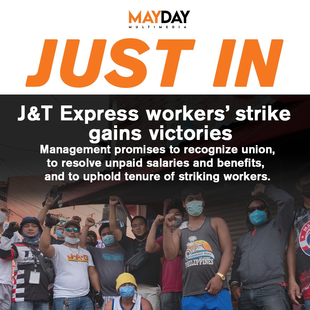 JUST IN | J&amp;T Express workers' strike gains victories. In a meeting with the NCMB, top mgmt promised to recognize union, to resolve unpaid salaries and benefits, and to uphold the tenure of striking workers. #StandWithJTWorkers #DefendOurUnions #LazadaPH66 #ShopeePH66