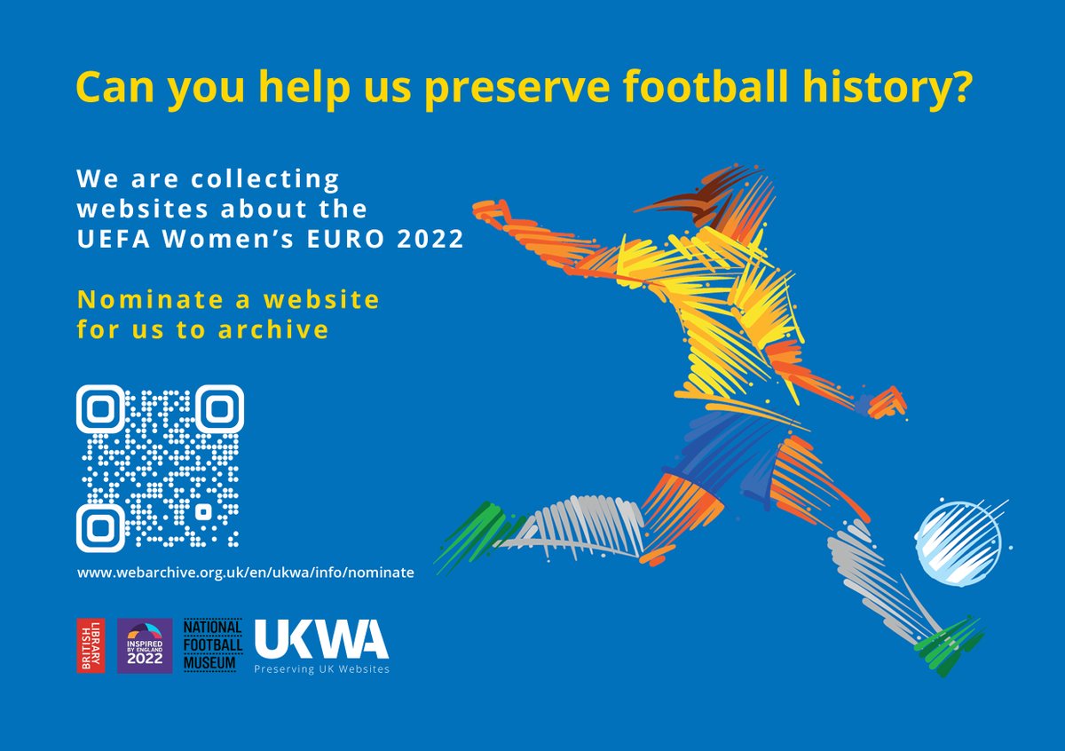 This day next month UEFA Women’s Euro England 2022 kicks off. 

Can you help the UK Web Archive preserve football history? Submit your #WEURO2022 nominations to the <a href="/UKWebArchive/">UK Web Archive</a>, read more about the collection in this blog post:

⚽️blogs.bl.uk/webarchive/202…

#WebArchiving #UKNPLD