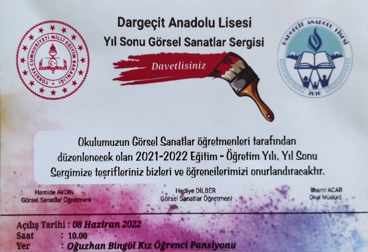 2021-2022 Eğitim Öğretim Yılı Yıl Sonu Sergisi 8 Haziran 2022 Çarşamba günü açılacaktır.
<a href="/meb_ogm/">Ortaöğretim Genel Müdürlüğü</a>
<a href="/Dargecit_MEM/">Mardin Dargeçit ilçe Milli Eğitim Müdürlüğü</a>
@DargecitGovTr
<a href="/mahmutdemirttas/">Mahmut Demirtaş</a>
<a href="/OzbayOmer/">Ömer Özbay</a>
<a href="/Murat69_Demir/">Murat Demir</a>
<a href="/klcengiz/">cengiz kılıç</a>
<a href="/ResitMusaoglu/">Reşit Musaoğlu</a>
@akar8590
<a href="/Cumhur__Celik/">Cumhur Çelik</a>
<a href="/sukruarslan34/">Şükrü ARSLAN</a>