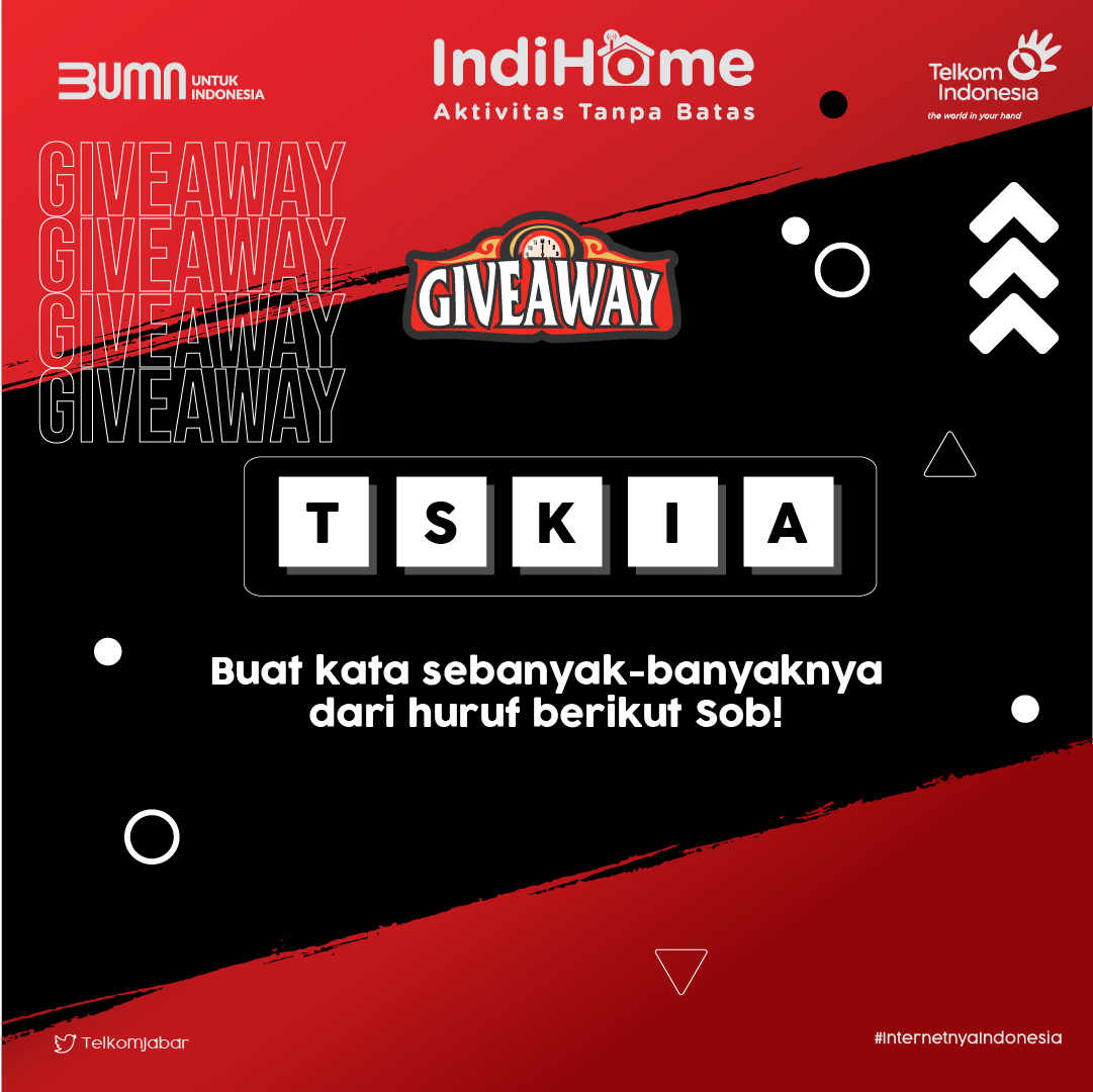 TelkomJabar's tweet photo. Halo Sob, di #giveawaytelkomjabar kita buat kata sebanyak-banyaknya yuk dari huruf yang ada di poster ini! Ayo jawab yuk di kolom komentar!

Jangan lupa baca syarat dan ketentuan ya 😊

#IndiHome 
#AktivitasTanpaBatas 
#GiveawayTelkomjabar https://t.co/3oG17oBqRs