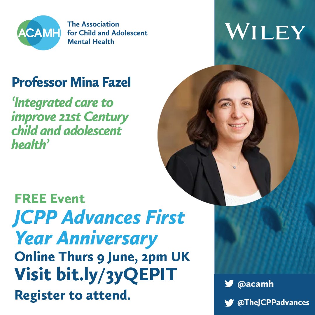 Association for Child & Adolescent Mental Health (@acamh) on Twitter photo Don't miss <a href="/minafazeloxford/">Mina Fazel</a> of <a href="/OxPsychiatry/">Oxford Psychiatry</a> at this week's FREE online event celebrating our sister journal, <a href="/TheJCPPadvances/">TheJCPPadvances</a>'s first year anniversary.
It promises to be an insightful series of short lectures, register here to attend: bit.ly/39wWoCY
#AcademicTwitter Don't miss <a href="/minafazeloxford/">Mina Fazel</a> of <a href="/OxPsychiatry/">Oxford Psychiatry</a> at this week's FREE online event celebrating our sister journal, <a href="/TheJCPPadvances/">TheJCPPadvances</a>'s first year anniversary.
It promises to be an insightful series of short lectures, register here to attend: bit.ly/39wWoCY
#AcademicTwitter