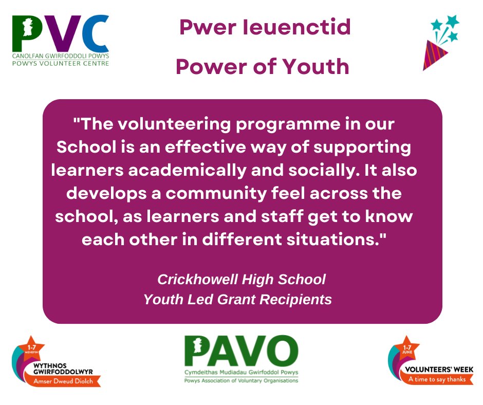 PowysVolCentre's tweet photo. Pwer Ieuenctid - Power of Youth
Amser i ddathlu - time to celebrate
#volunteersweek2022 #WythnosyGwirfoddolwyr #AmserDweudDiolch #TimetoSayThanks #Volunteers #PwerIeuenctid #PowerofYouth https://t.co/4vBdHRQ2M8