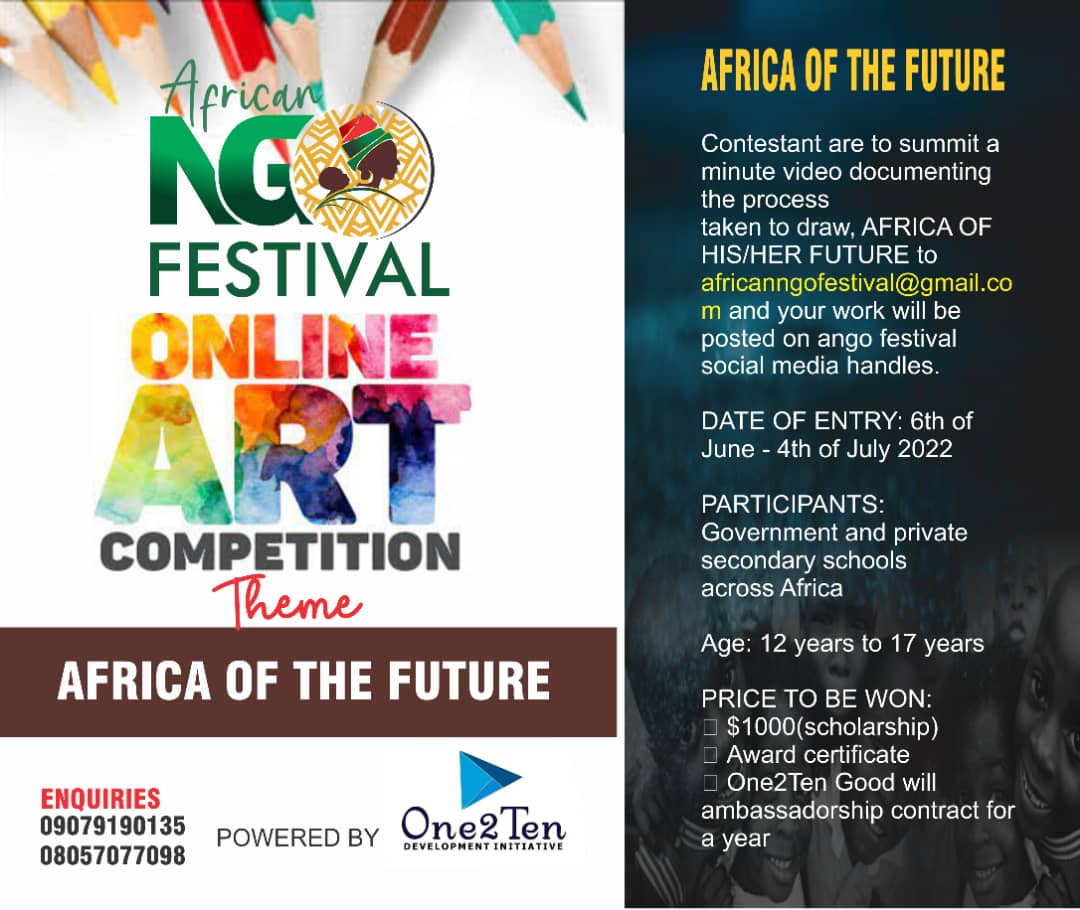 One2TenProjects's tweet image. 📢📢📢 Glad to announce that African NGO Festival online Arts Competition 2022 is powered by @One2TenProjects

Eligibility: Secondary schools across Africa 

instagram.com/p/CedUiwgufCp/…