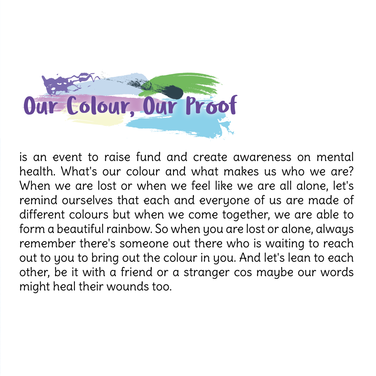u_wepurple's tweet photo. Focusing on the importance of mental health, our fundraiser event kicks off with hope that we can also talk about this topic freely & share ways to bring out the best in each & everyone of us 💜
#OurColourOurProof #wepurpleuproject #ARMYgivesback #BTS #BTSARMY #BTS9thAnniversary https://t.co/gZatKDGrbd