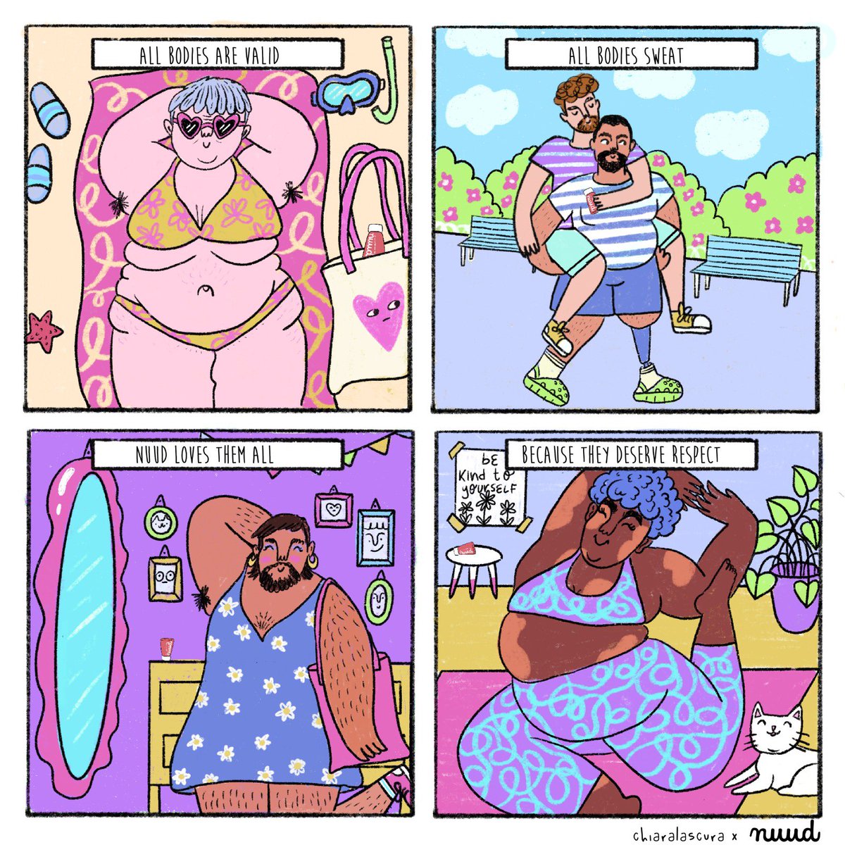 This fantastic illustration by the talented <a href="/chiaralascura/">chiaralascura</a> makes it perfectly clear how we feel about pits: we love ‘m all. ‘Fresh armpits worldwide’ isn’t a catch phrase or a tag line, it’s a mission &amp; an invitation.

nuudcare.com 💚💜🖤💙💛🤎

#fresharmpitsworldwide