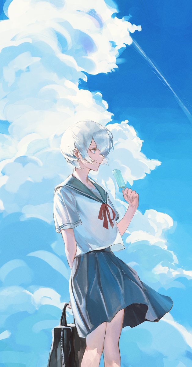 ayanami rei 1girl solo cloud popsicle sky school uniform food  illustration images