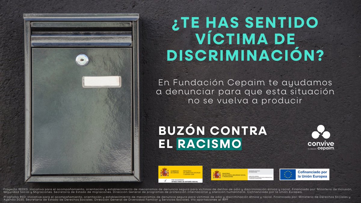 FundacionCepaim's tweet photo. ¿Has sido víctima de discriminación por tu origen?
 
❌🪩  ¿Te han negado el acceso a un local de ocio?
❌🏠 ¿No te han permitido alquilar una vivienda?
❌💼 ¿Te han descartado de un puesto de trabajo?
 
📬 Denuncia en el #BuzónContraRacismo
https://t.co/f1uX02nJkN #REDES https://t.co/n5DVn4APeK