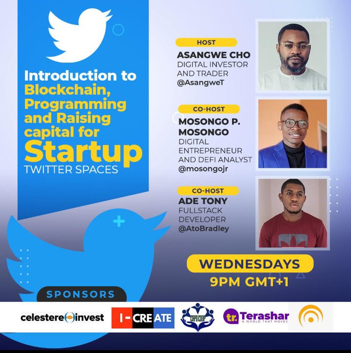 AsangweT's tweet photo. Finally we start our space this week. Looking to the push the narrative on #blockchain #programming and #funding startups in the African, precisely the Cameroonian ecosystem. Join @mosongojr @AtoBradley and myself every Wednesday at 10:00 pm GMT. https://t.co/RFfvwCQWpP