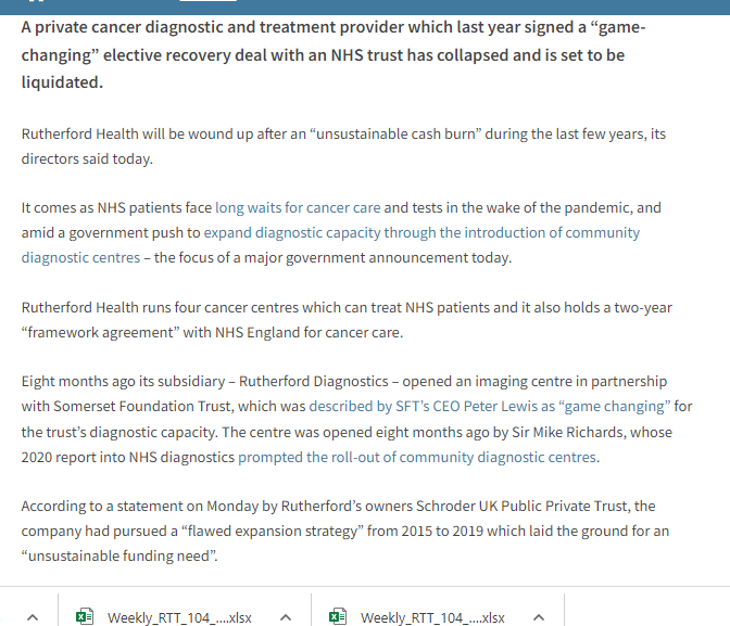 Jamesillman's tweet photo. BREAKING: Private cancer treatment provider collapses despite NHS catch-up drive

Rutherford Health said last year it had signed a “game-changing” elective recovery deal with an NHS trust - but it's now set for liquidation.

By @ncarding £ 
https://t.co/xuxAxEmMWD https://t.co/gG31bsdGPf