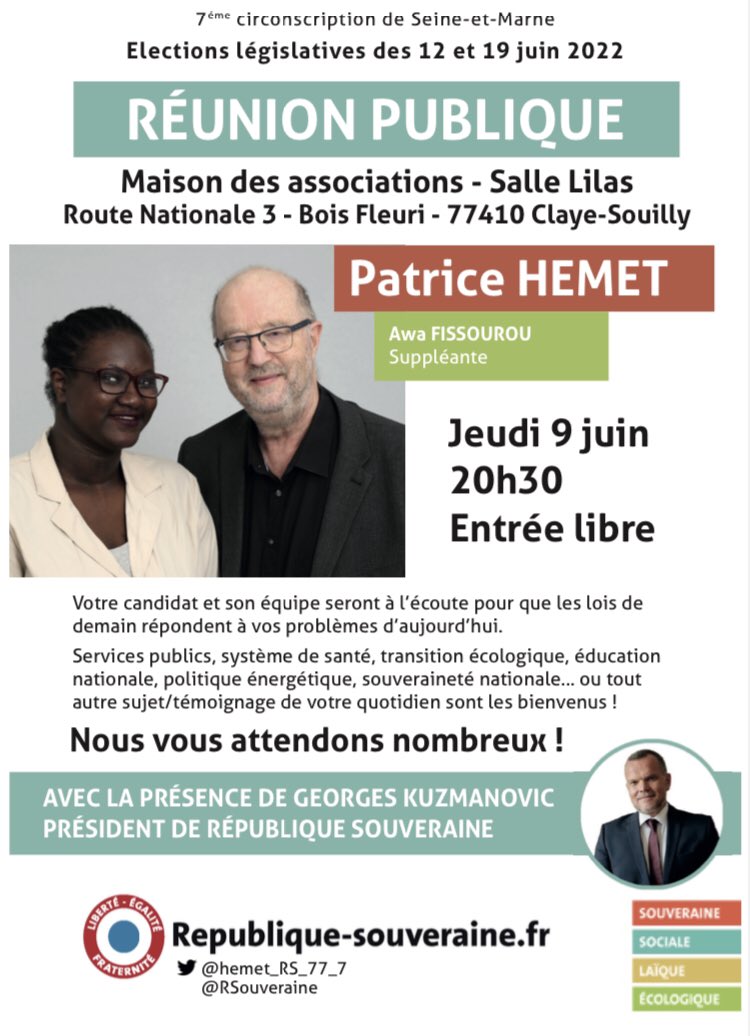 hemet_RS_77_7's tweet photo. Dernière réunion publique !
Retrouvez nous jeudi 9 Juin à 20h30, en salle Lilas #ClayeSouilly, pour débattre et échanger. 
Notre président @Vukuzman sera également présent.
@RKokouendoJ @ErsiliaSoudais @patrick_jahier #Circo7707 #legislatives2022 #RepubliqueSouveraine #RS77 https://t.co/jHlUgA1Isd