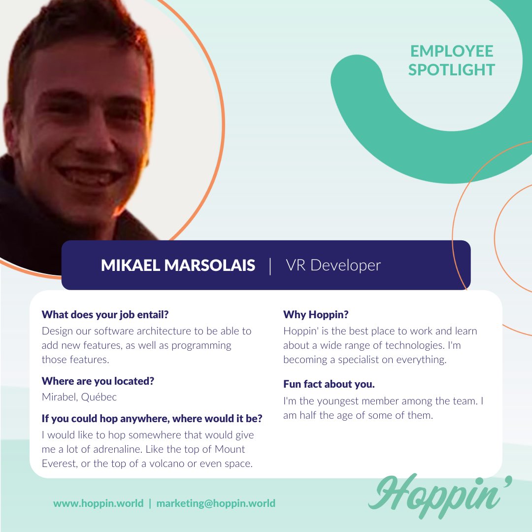 #MeetTheTeamMonday Spotlight on our wonderful VR Developer, Mikael Marsolais. He is one of the reasons the #Hoppin’ platform continues to evolve and have all the new features our clients ask for! #EmployeeExperience #vr #travel