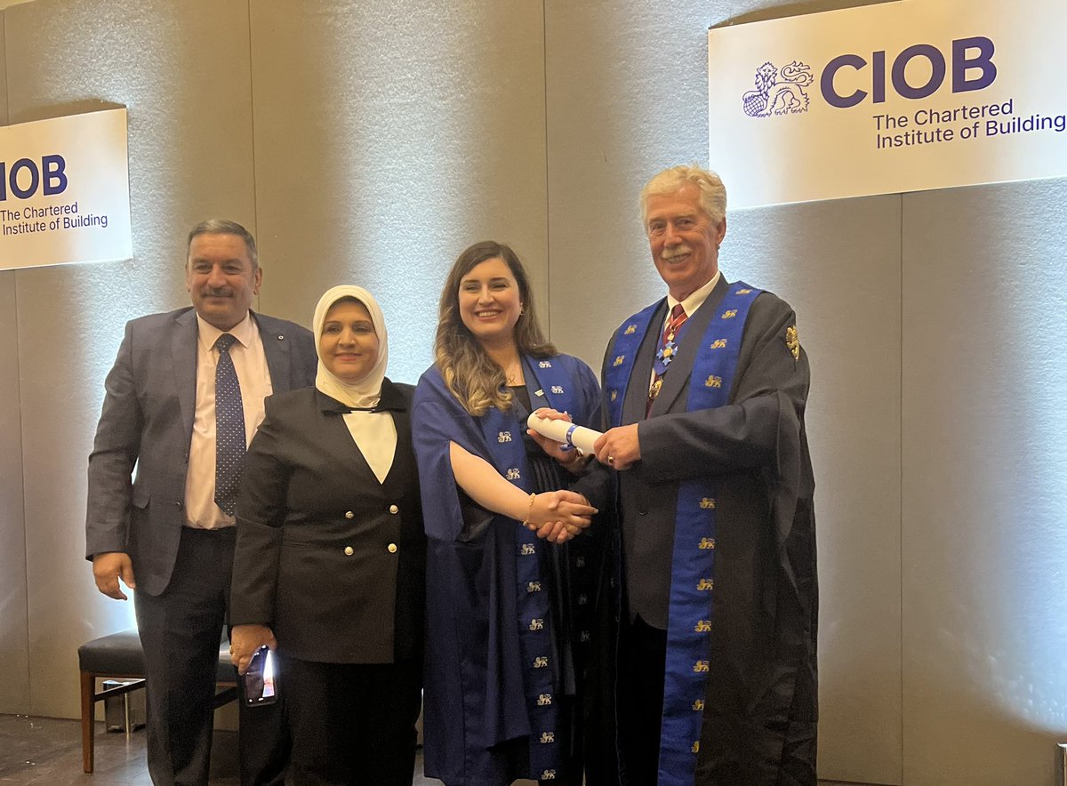 HadeelSafaa's tweet photo. It’s been a privilege to be welcomed into @theCIOB at this fantastic graduation ceremony in London last week 🎓

A very proud moment and an event me and my family will remember for years to come. 
#CharteredConstructionManager #MCIOB https://t.co/tyEEFIH0rW