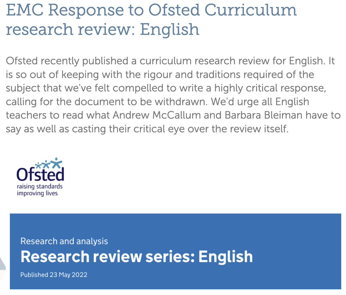 EngMediaCentre's tweet photo. We have serious concerns about the way that English teaching is presented in the recent @Ofstednews curriculum research review. You can read our response in this blog https://t.co/Rgcduki98o https://t.co/N2InTfUCt6