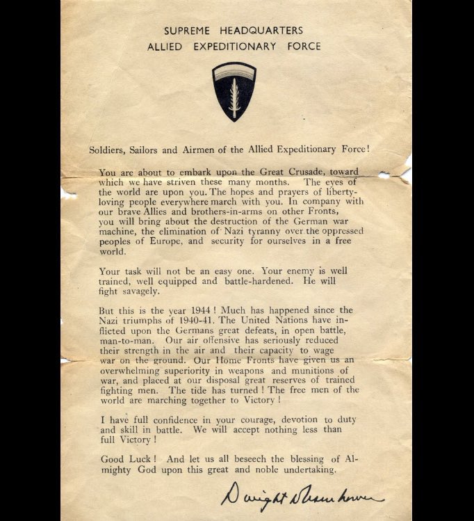 JerryDunleavy's tweet image. Left: Eisenhower’s D-Day letter: “You are about to embark upon the Great Crusade” &amp;amp; “Let us beseech the blessing of Almighty God upon this great &amp;amp; noble undertaking.”

Right: Eisenhower’s in-case-of-failure letter: “If any blame or fault attaches to the attempt it is mine alone.”