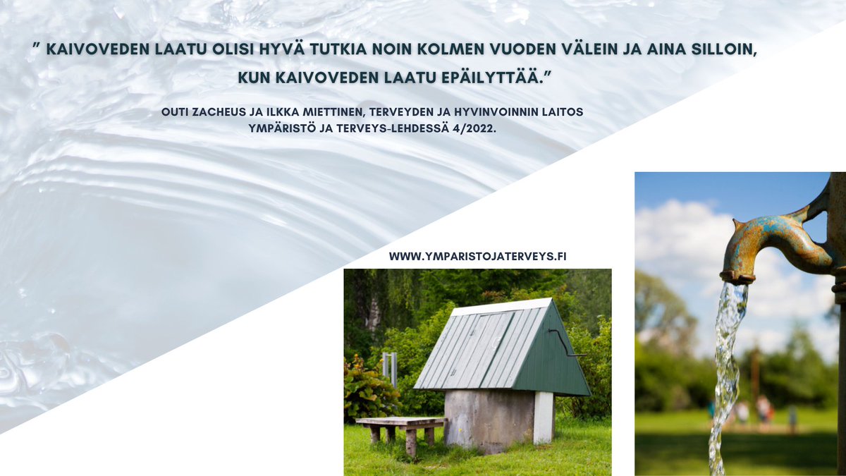 YTerveyslehti's tweet photo. Outi Zacheuksen ja Ilkka Miettisen @THLorg artikkeli "Hyväkuntoisesta kaivosta hyvälaatuista kaivovettä" Ympäristö ja Terveys-lehdessä 4/2022. Tilaa oma lehti täältä: https://t.co/6L3Edr2QTJ https://t.co/EvOo4jPOMw