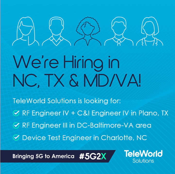 teleworldsol's tweet photo. .@teleworldsol is hiring various levels of RF, C&amp;I and Device Test Engineers in several cities. Join our industry-leading network design firm at the forefront of bringing #5G advance networks across America. #5G2X #engineers https://t.co/1WqAJFqA0p https://t.co/95BwQlHs0V