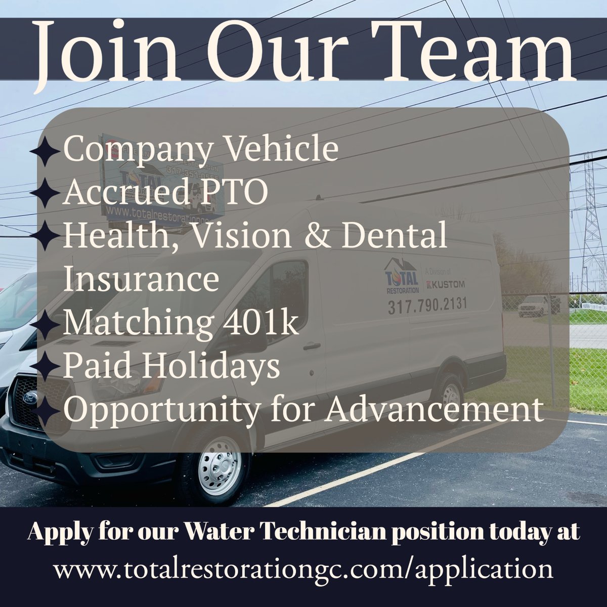 TotalR's tweet photo. Are you looking for a fun, fast-paced career? We have a Water Technician position available! Check out some of the many benefits below and apply today!
 #WinDaily #TRNation #TrustThatBuilds #Kustom #Hiring #WaterDamage #MoldRemediation #FireDamage https://t.co/SgVoBhjmm6 https://t.co/YablArd12x