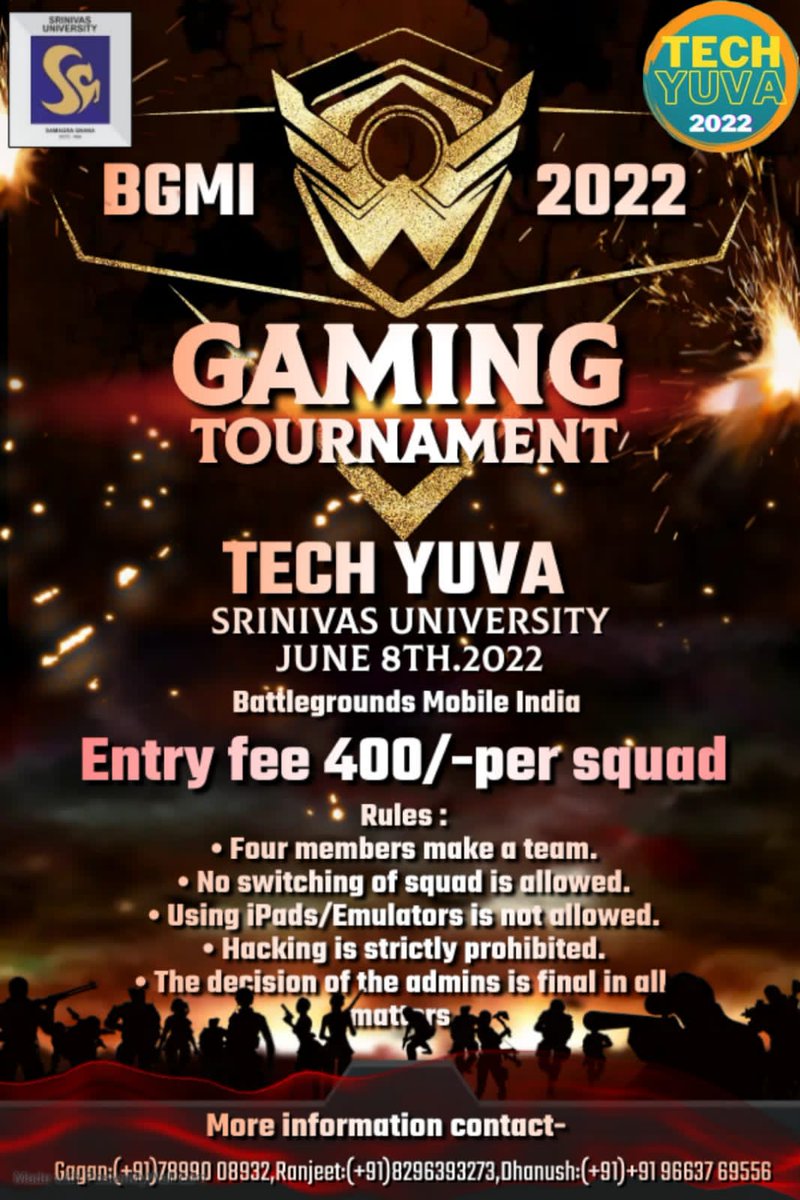 TechYuva's tweet photo. BGMI Competition at Tech Yuva 22 on 8th June at Srinivas University Institute of Engg & Tech, Mukka Mangaluru. Come & Explore #TechYuva22 at #SUIET #Mukka.
Contact:
Gagan - 7899008932,
Dhanush - 9663769556.
#TechYuva #BGMI #SrinivasUniversity #Mangaluru #TechFest @BGMIexplorer https://t.co/6kvY1MJgSy