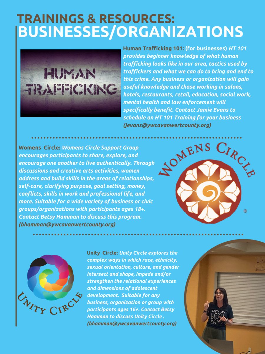 VanWertYWCA's tweet photo. On A Mission Monday ... Trainings and Resources.
Businesses, schools, service organizations and other groups can benefit from resources and trainings offered by the YWCA of Van Wert County. Check the pics for details.
#OnAMission #GetInformed #Empowerment #HT101 https://t.co/SpGjOtSUf5