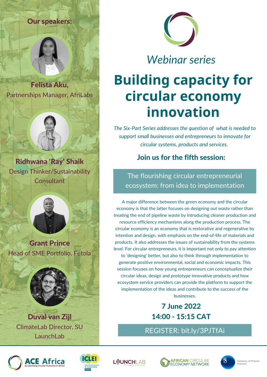 ANDE_ZA's tweet photo. Join this webinar to learn more about the flourishing #circular #entrepreneurial ecosystem, from idea to implementation.
7 June 2022, 14:00 - 15:15 CAT
REGISTER: https://t.co/NuwHu5nvhN

#entrepreneurs #entrepreneurship #youthentrepreneurship #circulareconomy https://t.co/bqc94s83Zi