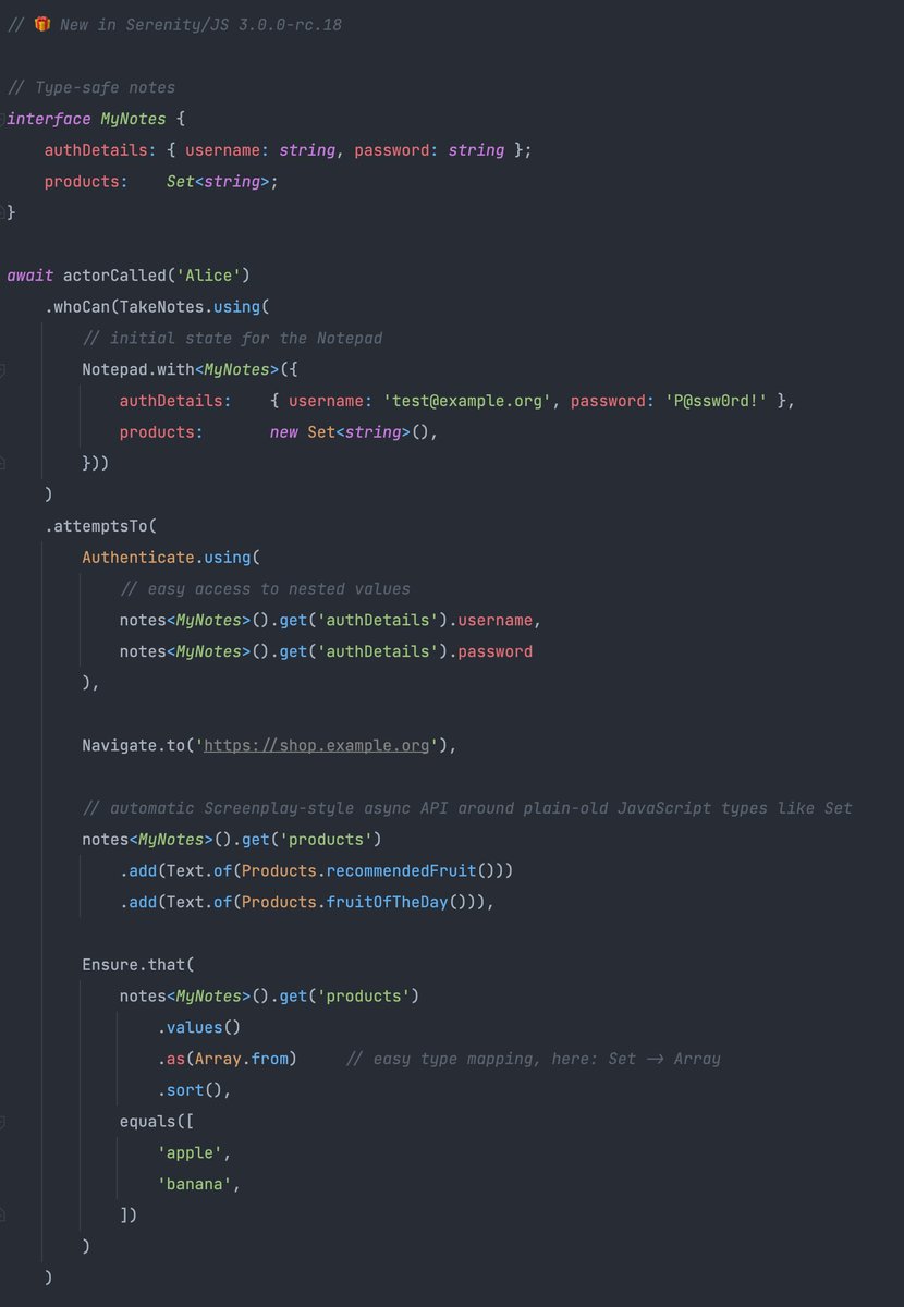 🎁 Serenity/JS 3.0.0-rc.18 is on #npm with more improvements to the Actor's Notepad!

See what's new in the upcoming 3.0 release - serenity-js.org/handbook/relea…

Questions? Join our community chat - gitter.im/serenity-js/Lo…

#automationtesting #nodejs #opensource #javascript #typescript