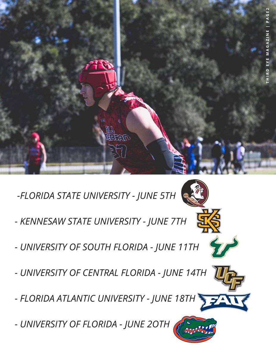 BradenSulliva17's tweet photo. My summer camp schedule excited to compete!! @FSUFootball  @kennesawstate @USFFootball @CoachCamAiken @UCF_Football @FAUFootball @FAU_Recruiting @MarinelliShane @GatorsFB #NCAA #FAU #Gators #usf #kennesaw #UCF #FloridaState @johnnywilk_john @CoachMikeMo https://t.co/QLw7FU3n9l