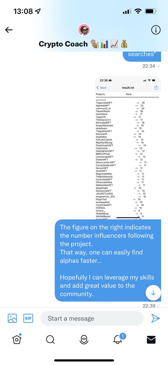 harjacober2's tweet photo. @favudom @thegreatola I’m not sure if this counts, but I had created a bot that helps finds NFTAlphas. I figured being a part of the HD community requires that I’m able to contribute to it some way.
Attached is an evidence of a DM I sent to @WisdomMatic about the bot. https://t.co/UOc36Cmc2q