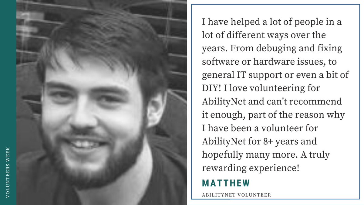 Meet one of our fantastic and long serving tech volunteers Matthew who has been helping to deliver technology support to the older and disabled since 2014! ♡

Want to volunteer? Read more here:
abilitynet.org.uk/at-home/join-o…

#VolunteerNow
#StayConnected