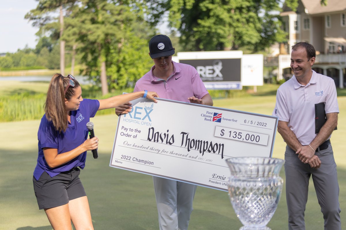 UNCHealthRex's tweet photo. Congrats to Davis Thompson @DavisT17 on winning the 2022 #RexOpen on the @KornFerryTour! Such a beautiful week, raising funds for our Rex Mobile Mammography Unit, inspiring the next generation of golfers, &amp; saying goodbye to Wakefield. Thank you everyone &amp; see you next year! 🏆🇺🇸 https://t.co/5khNww2rtF