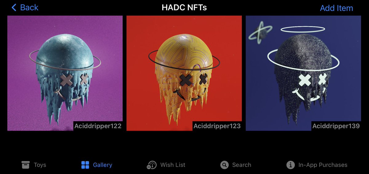 Toybins2's tweet photo. Happy with this #Aciddripper collection from @happyaciddreams 

I’m not sure which one I like more left, canter, right?🤔

Here loaded in the app #NFTcollectibles #CardanoNFTs #NFTs https://t.co/ybpcQyQmwF