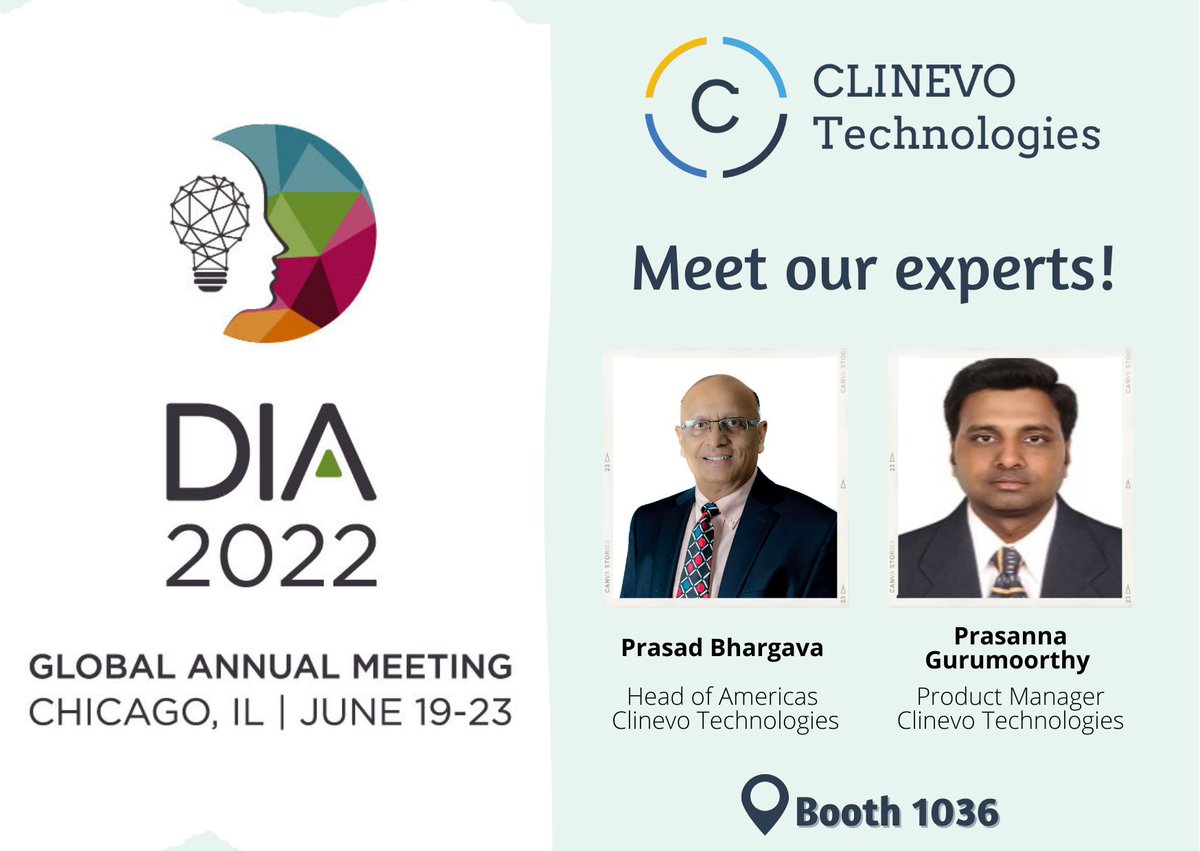 Clinevotech's tweet photo. Meet our experts, Prasad Bhargava and Prasanna Gurumoorthy at the DIA Global Annual Meeting 2022. As collaboration through innovation is the epitome of the DIA 2022 Exhibit Hall, Clinevo Technologies await the opportunity to showcase our Unified Drug Safety Database
#DIA2022 https://t.co/DU4gfoSECz