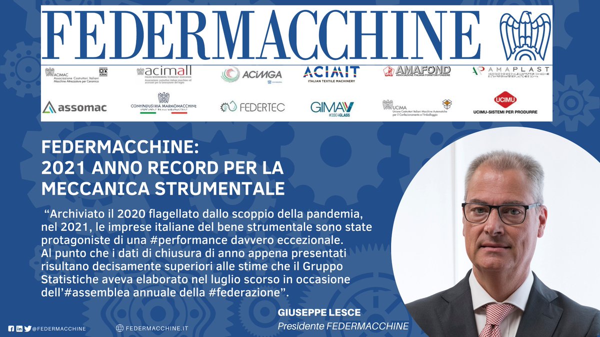 federmacchine's tweet photo. Giuseppe #Lesce, presidente #FEDERMACCHINE: “Archiviato il 2020 flagellato dallo scoppio della pandemia, nel 2021, le imprese italiane del bene strumentale sono state protagoniste di una performance davvero eccezionale. 

https://t.co/RKziPUOGAK https://t.co/nF3qxuFCy4
